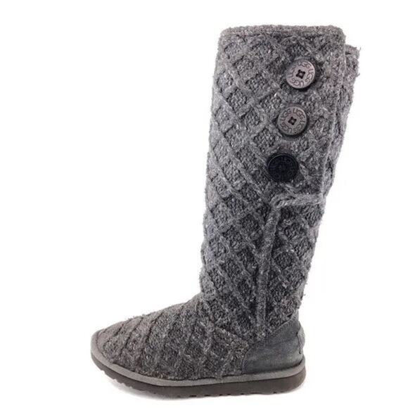 Ugg Latice Cardy Knit Boots Charcoal Gray Warm Wool Buttons Sz 8 Australia - Picture 1 of 9